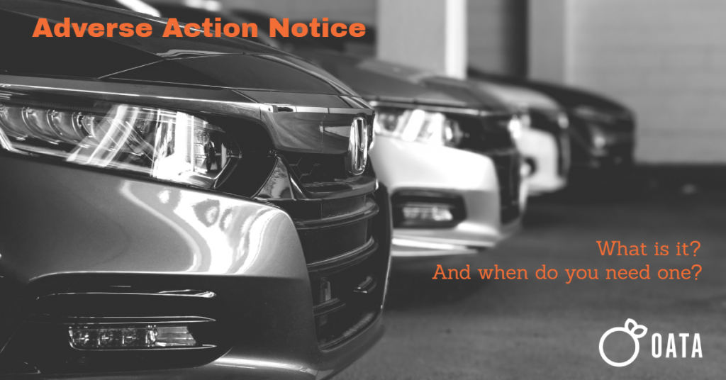 row of cars with text: Adverse Action Notice. What is it? And when do you need one?